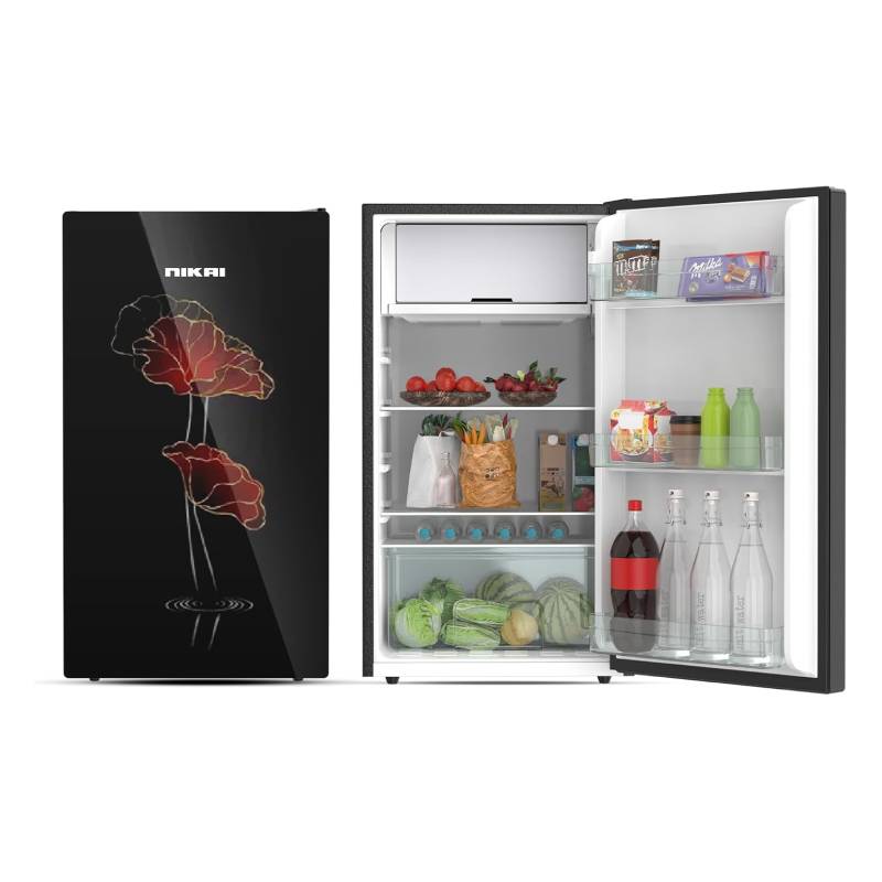 Nikai 140L Gross / 90L Net, Single Door Refrigerator with Glass Finish, 2L Bottle Holder, Glass Shelves, Separate Chiller Compartment, Mini Fridge for Kitchen, Bedroom, Office & Bar - NRF140G (Black)