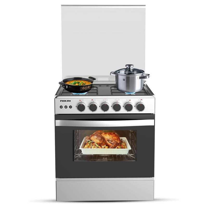 Nikai 60X60cm 4 Burner Full Safety Freestanding Gas Cooker, Auto Ignition, Double Glass Oven Door for Close Door Grilling with Turnspit, Glass Lid & Oven Lamp, St. Steel Finish - U6068FSE1