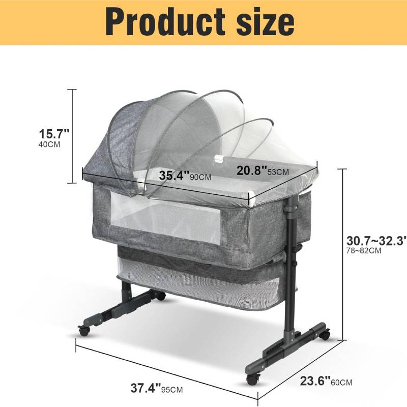 SKY-TOUCH Baby Bedside Crib Adjustable, Baby Cradle With Large Storage Basket, Travel Crib with Mattress Breathable Net,Mosquito Net Detachable, Soft Mattress 360°Swivel Wheels, for Infants Newborn