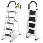 SKY-TOUCH Foldable Ladder 5 Steps, Home Ladder Folding Step Stool with Wide Anti-Slip Pedal, Adults Folding Sturdy Steel Ladder for Home,Kitchen, Garden, Office