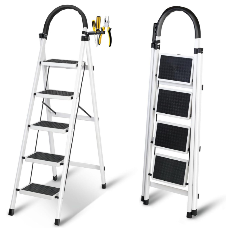 SKY-TOUCH Foldable Ladder 5 Steps, Home Ladder Folding Step Stool with Wide Anti-Slip Pedal, Adults Folding Sturdy Steel Ladder for Home,Kitchen, Garden, Office