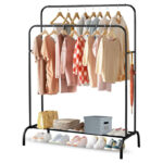 SKY-TOUCH Double-Rail Clothes Rack|Multifunctional Heavy-duty Clothes Rack|Metal Freestanding Clothes Rail Garment|with Lower Storage Shelf|Hanging Rack Organizer for Bedroom|Black 110.5 * 50 * 152cm