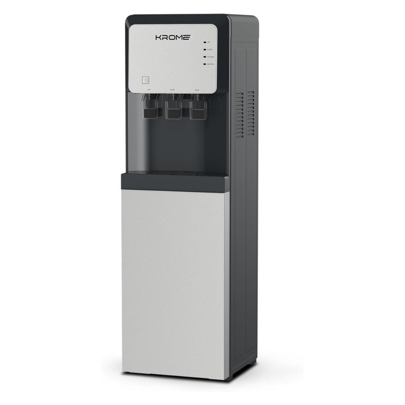 KROME Bottom Loading Water Dispenser, Hot, Cold and Normal Water, Floor Standing, Made with SUS 304 Tank and Food-grade Silicone Gel Tube, Child Lock For Hot Water, Silver & Black KR-WDBL 3TB.