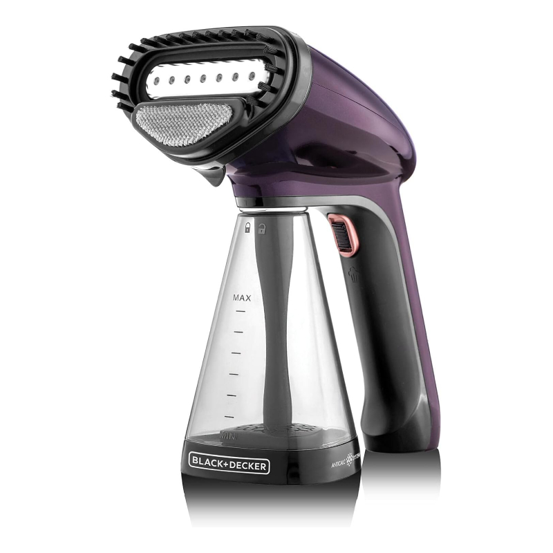 BLACK+DECKER Handheld Garment Steamer, 1500W, 21g/min Steam, 40s Fast Heat-Up, Universal Bottle Adaptor, 260ml Detachable Tank, Purple, HST1500-B5