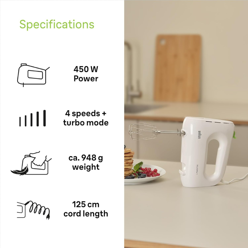 HM1100-3 Braun MultiMix 1 Hand Mixer HM 1100 – 450W, 4 Speeds + Turbo, FastMix Technology, Stainless Steel Beaters, White - Image 3