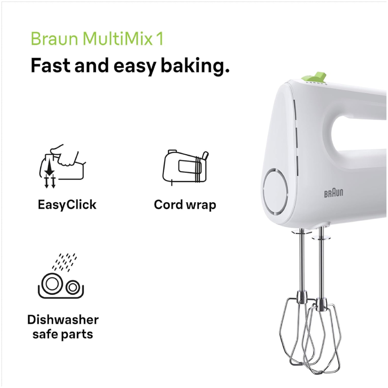 HM1100-4 Braun MultiMix 1 Hand Mixer HM 1100 – 450W, 4 Speeds + Turbo, FastMix Technology, Stainless Steel Beaters, White - Image 4