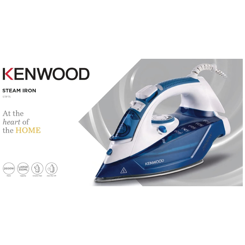 STP75.000WB-2 Kenwood 2600W Steam Iron STP75.000WB – Ceramic Soleplate, Auto Shut-Off, Anti-Drip, Self Clean, White/Blue - Image 2